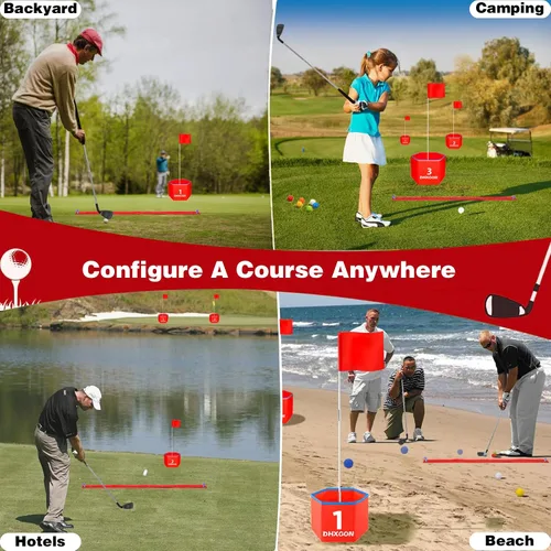 Vista 6 de Juego de golf para patio trasero con 2 palos, campo de golf portátil de 6 agujeros, juego de astillado de golf al aire libre para familias