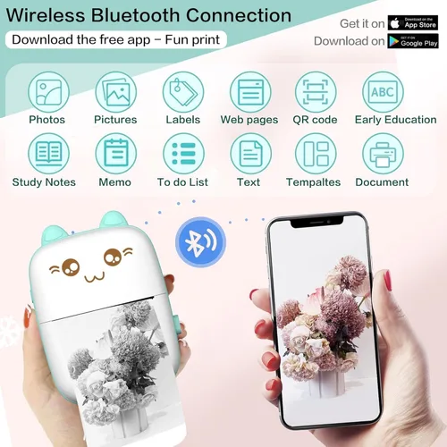 Vista 2 de Mini impresora portátil, impresora de pegatinas sin tinta con 8 rollos de papel, mini impresora térmica inalámbrica Bluetooth compatible con iOS +