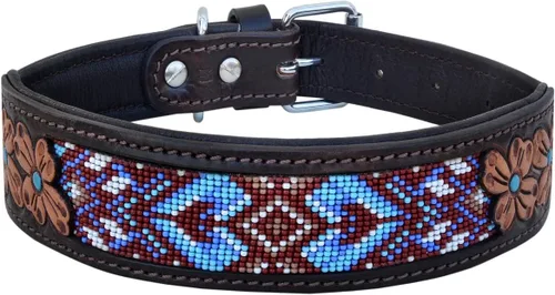 Vista 2 de Collar de cuero para perro, tamaño grande, estilo occidental, resistente, manual, ajustable, con cuentas y acolchado, suave para cachorros y perros