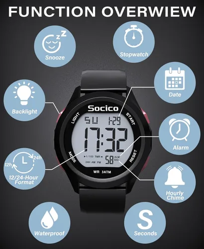Vista 8 de SOCICO Reloj digital para hombre, deportivo, impermeable, para exteriores, con gran esfera, relojes militares, con cronómetro, luz de fondo, alarma
