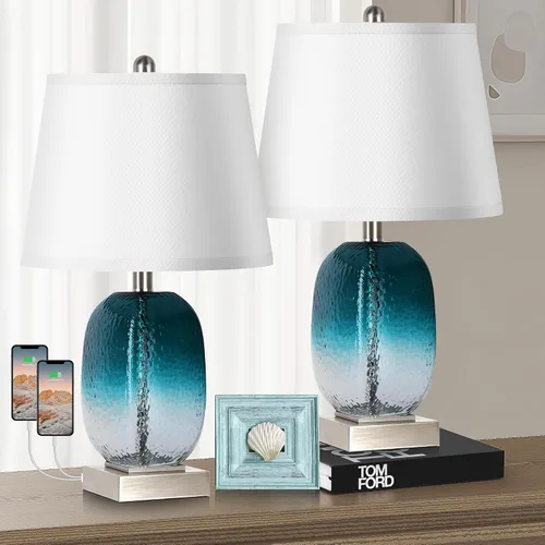 Vista 11 de Juego de 2 lámparas de mesa con control táctil, lámpara de noche de cristal verde azulado costero con puertos USB A+C, lámparas de mesa de noche