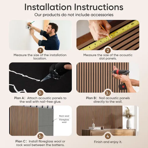Vista 6 de Paquete de 2 paneles acústicos de listones de madera para pared y techo, paneles de pared de madera insonorizantes de 94.49"×12.80" para decoración