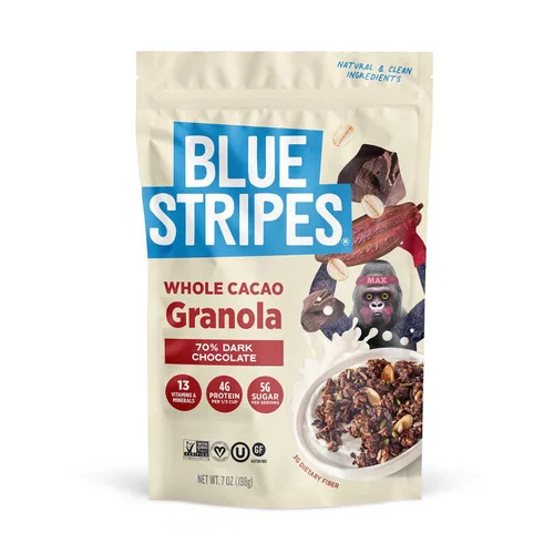 Vista 13 de Blue Stripes Granola de cacao entero con mantequilla de maní y plátano, 8 onzas