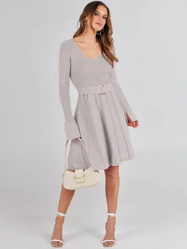 Vista 7 de ANRABESS Vestido tipo suéter de manga larga con cuello en V y lazo en la cintura, plisado, acampanado, elegante, de punto acanalado, vestido midi