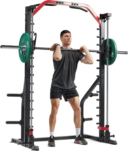 Vista 10 de Sunny Health & Fitness - Estante de potencia prémium para máquina de sentadillas, alta capacidad de carga, altura ajustable, barra de dominadas