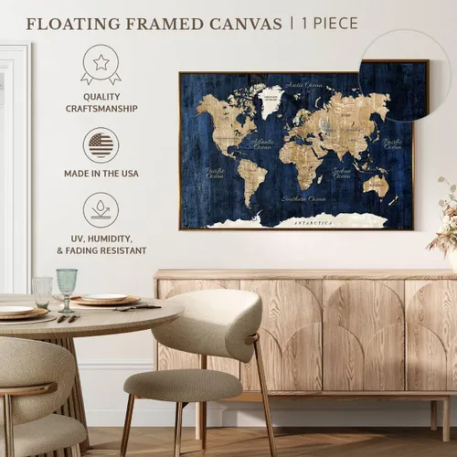 Vista 5 de ElephantStock - Wood Textured World Map Wall Art - Horizontal Floating Framed Canvas - Dining Room Wall Decor - Digital Art Map Framed Canvas Art