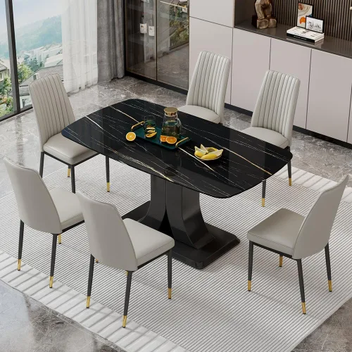 Vista 15 de Juego de mesa de comedor moderno para 6, juego de mesa de cocina y sillas de mármol para 6, mesa de cocina rectangular con 6 sillas tapizadas