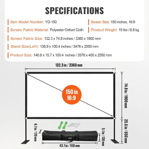 Vista 17 de VEVOR Pantalla de cine para exteriores con soporte, pantalla de película portátil de 150 pulgadas, pantalla de proyector de gran angular HD 16:9