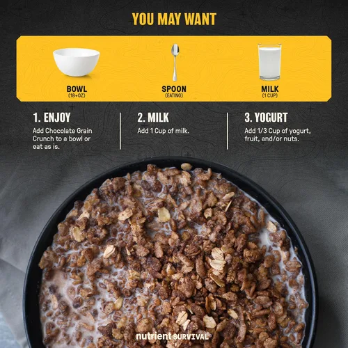 Vista 4 de Nutrient Survival Cereales MRE, crujientes de grano de chocolate (12 porciones), suministros de preparación liofilizados y suministro de alimentos