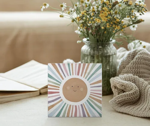 Vista 3 de Mtrgdn Decoración bohemia de arco iris para aula, decoración inspiradora de escritorio para guardería, caja de madera con sol sol sol para aula