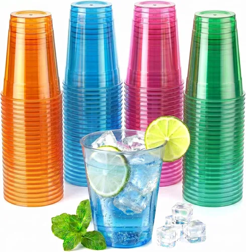Vista 11 de Paquete de 100 vasos de plástico negros de 12 onzas, tazas de fiesta negras, copas de vino desechables transparentes para cumpleaños, picnics