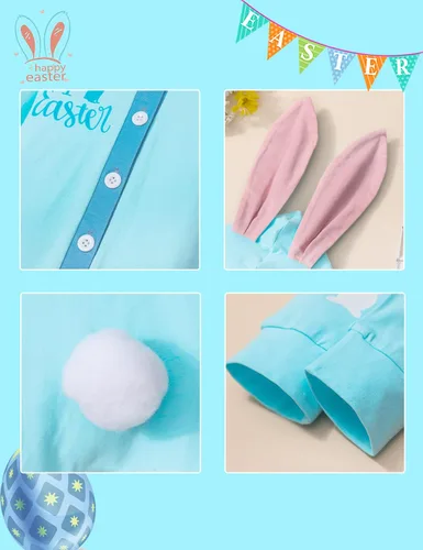 Vista 6 de Queenstyle Traje de Pascua para bebé niño, mameluco de manga larga con capucha y orejas de conejo para bebé niño