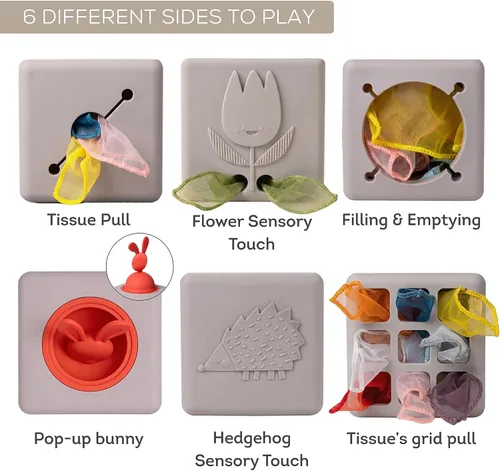Vista 3 de Taf Toys Caja de pañuelos para bebé con conejito emergente - Actividad sensorial Montessori con 10 pañuelos de tela para el desarrollo motor fino