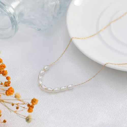 Vista 6 de TOBENY Pearl Necklaces for Women 14k Gold Plated Handmade White Faux Pearl Choker Necklace Dainty Freshwater Small Tiny Beaded Pearl Strand Chain