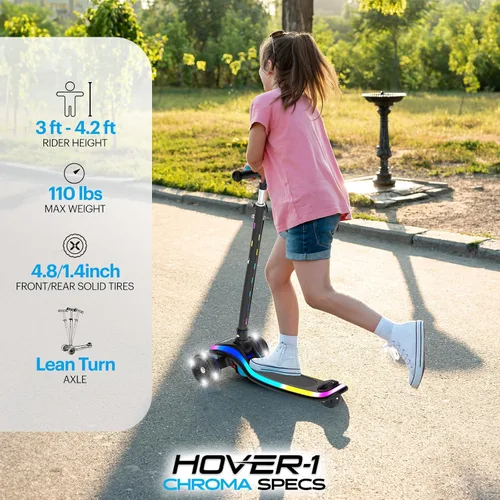 Vista 2 de Hover-1 Chroma Folding Kick Scooter for Kids with Multicolor Wheel Lights, 3” Front Wheels, Rear Foot Brake, and 110 LB Weight Capacity Negro