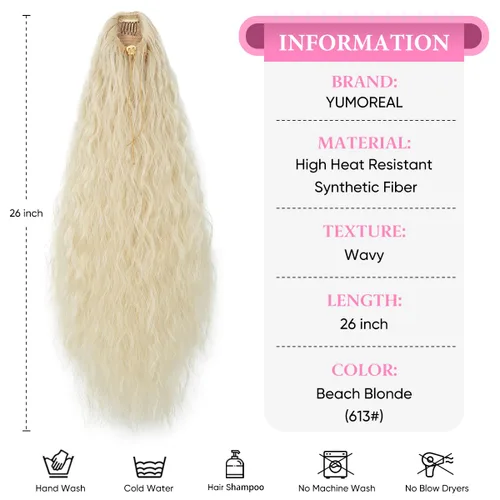 Vista 2 de Extensión de cola de caballo con cordón de 26 pulgadas de largo, esponjoso, ondulado, para mujeres negras, extensiones de cabello rizado para uso