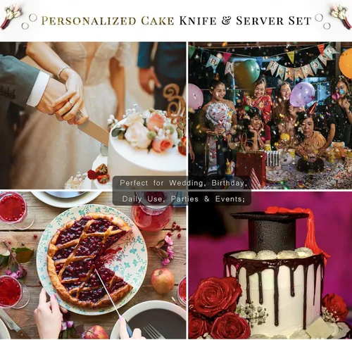 Vista 3 de Juego de cuchillo personalizado para tartas y servidor, cuchillo y servidor para tartas doradas, cubiertos de boda personalizados para una ceremonia