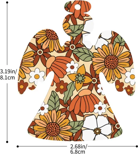 Vista 2 de Adornos de Navidad de madera con flores florales retro de los años 70 con cordeles, decoraciones colgantes con formas de ángel, adornos de rebanadas