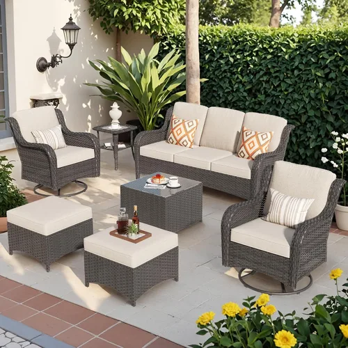 Vista 42 de Juego de muebles de exterior para patio, silla y sofá (ratán marrón, beige, 3 piezas)
