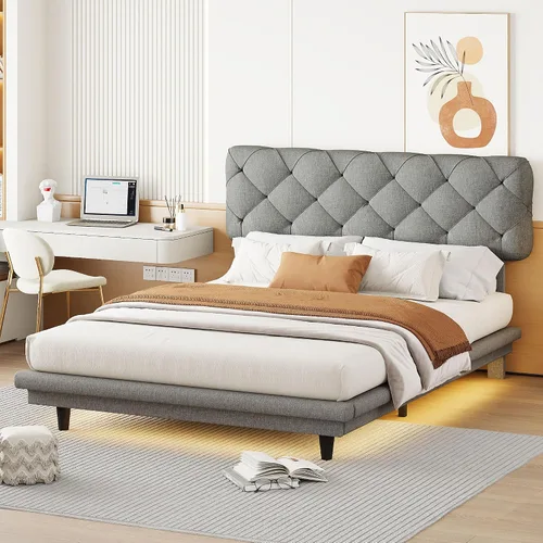 Vista 17 de Cama de plataforma flotante, marco de cama de madera tamaño individual con rayas claras, tela de lino suave y cabecera de diseño capitoné