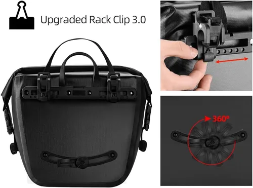 Vista 3 de ROCKBROS Bolsa de alforjas delanteras enrollables Bolsa de rack frontal para bicicleta Paquete de estante resistente con asa de transporte y correa