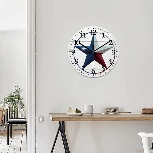 Vista 5 de Reloj de pared vintage con estrella del oeste de Texas con reloj de madera rústica sin tictac, silencioso con pilas, con números grandes, reloj