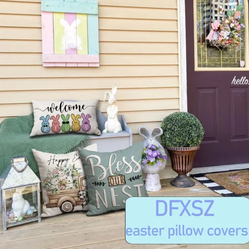 Vista 3 de DFXSZ Fundas de almohada de Pascua de 16 x 16 pulgadas, juego de 4 fundas de almohada de poliéster con diseño de hojas de eucalipto de conejo D-1