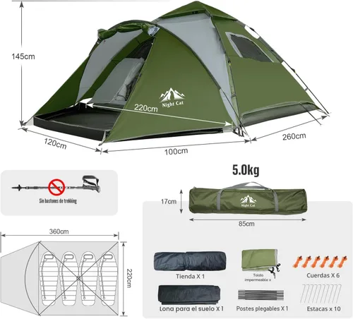 Vista 9 de Night Cat Pop Up Tent 2-3 Persons Instant Set Up Tent with Footprint Tarp & Porch, Automatic Double Layer Waterproof Camping Tent with Rainfly