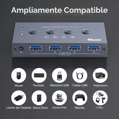 Vista 5 de Selector de interruptor USB 3.0 4 computadoras comparten 4 puertos USB A para ratón, teclado, impresora, escáner con control remoto inalámbrico