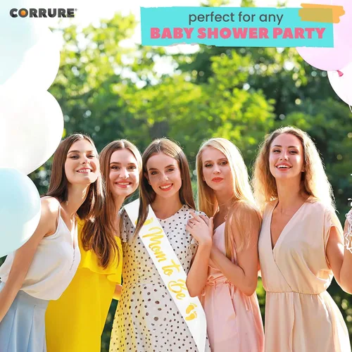 Vista 9 de CORRURE Banda para baby shower para niño o niña, banda con la frase "Mom to Be" con hermosa cinta blanca y texto dorado - Ideal para revelación