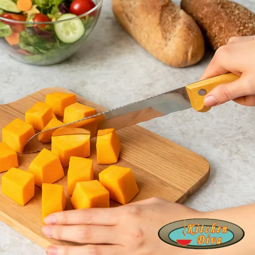 Vista 7 de Cuchillo de cocina jumbo de doble cara de hoja SS de 11 pulgadas, bordes de corte duales, mango ergonómico de madera, acero inoxidable de alta