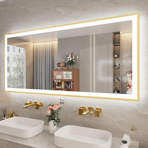Vista 59 de Espejo de baño LED de 24x28 pulgadas con marco negro, espejos de baño retroiluminados y con luz frontal para pared, antiempañamiento, regulable