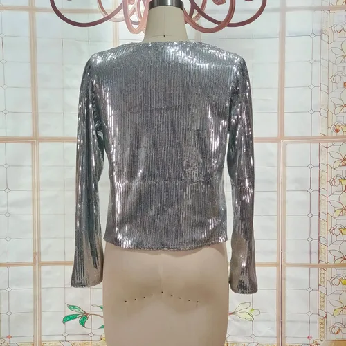 Vista 7 de Cololura Chaqueta casual de lentejuelas con frente abierto para mujer, cárdigan de manga larga con purpurina