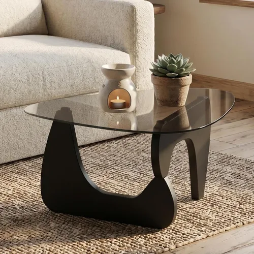 Vista 4 de LukeAlon Mesa auxiliar triangular moderna color negro y gris, parte superior de vidrio templado y base de madera, mesa auxiliar geométrica abstracta
