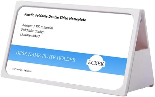 Vista 7 de Soporte para placa de nombre de escritorio, soporte de letrero de plástico para exhibición de mesa, placa de identificación plegable de doble cara