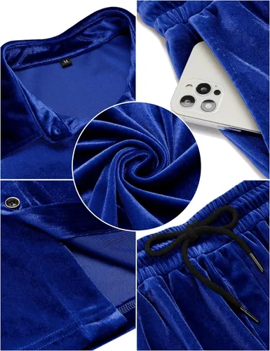 Vista 5 de LecGee Conjuntos de Pantalones Cortos Casuales de Verano para Hombres Camisa de Terciopelo de Manga Corta con Botones Pantalones Cortos de Cintura