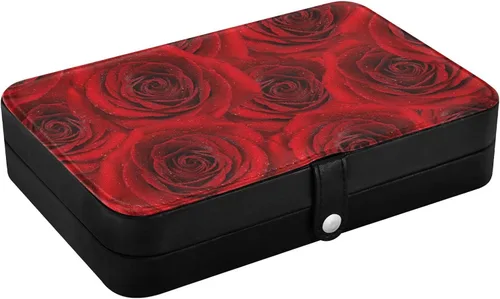 Vista 2 de WELLDAY Joyero portátil de viaje, organizador de joyas romántico, rosa roja, estuche de viaje para collares, aretes, anillos, pulseras