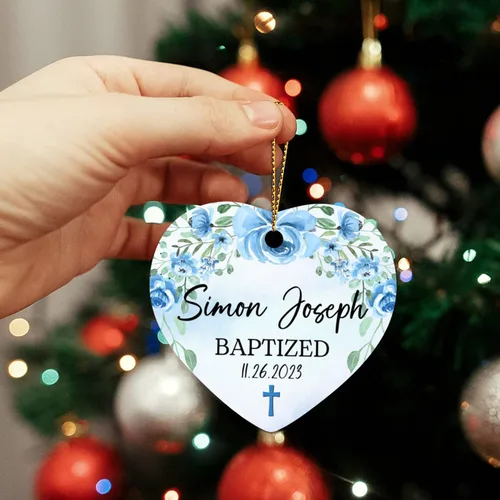 Vista 5 de Adorno colgante personalizado, regalo bautizado para ahijado recién nacido, flores azules bautizadas 2025, adornos bautizados con nombre y fecha
