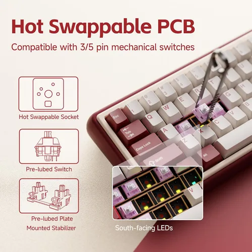 Vista 8 de OOCTPK Chilkey Foxy65 Teclado Mecánico con Perilla, Montaje de Junta Teclado Mecánico Inalámbrico de Aluminio 65%, BT5.0/2.4GHz/USB-C