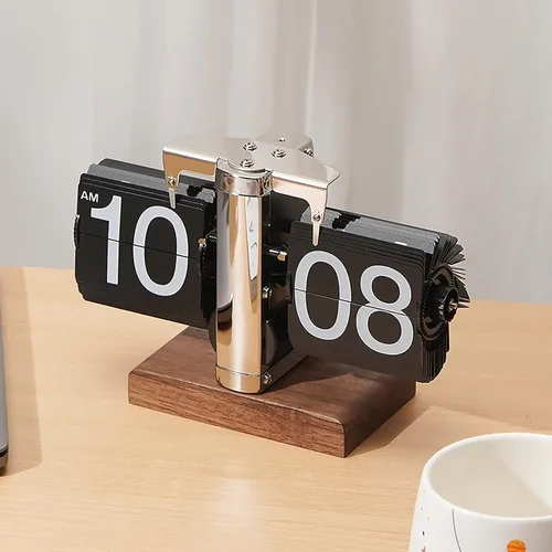 Vista 8 de VBESTLIFE Reloj digital retro abatible, funciona con batería, reloj de engranajes internos, mecánico clásico, base de nogal negro, para decoración
