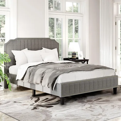 Vista 5 de Base de cama tapizada Queen con cabecero, base de colchón con soporte de listones de madera, cama de plataforma moderna, no necesita somier, fácil