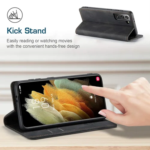 Vista 6 de Funda tipo cartera para Samsung Galaxy S21+ Plus 5G con bloqueo RFID, tarjetero y función atril magnético, funda de piel con tapa para Samsung Negro