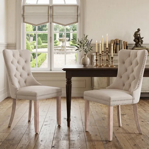 Vista 3 de SoarFlash Juego de 2 sillas de comedor de terciopelo, silla lateral de respaldo alto, silla lateral moderna tapizada de alta gama con botones Beige