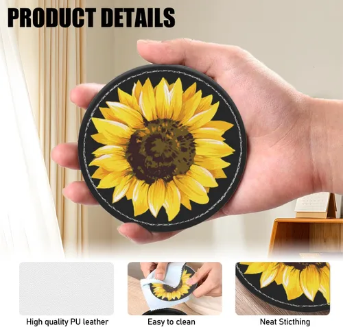 Vista 5 de Posavasos para bebidas de piel sintética, juego de 6 con soporte, regalo de inauguración de la casa, decoración del hogar, girasol de acuarela negro