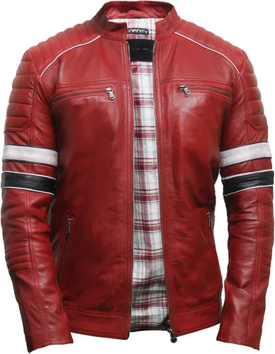 Vista 3 de Chaqueta de cuero negro para hombre - Cafe Racer Real piel de oveja de piel envejecida chaqueta de motocicleta