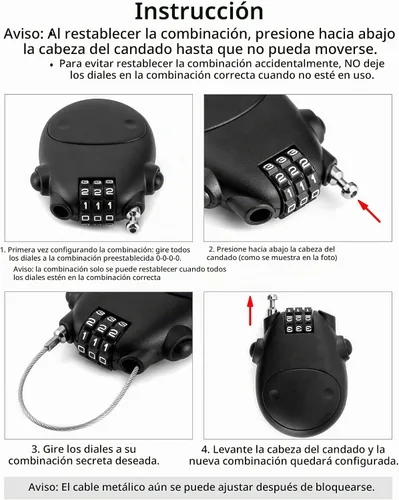 Vista 4 de QWORK Cerradura retráctil de cable combinada, paquete de 2 cables de acero ajustables de 30 pulgadas, bloqueo de contraseña de seguridad