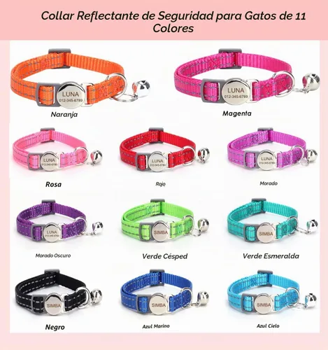 Vista 3 de Collar de gato reflectante personalizado con campana y hebilla separable, nombre grabado y número de teléfono