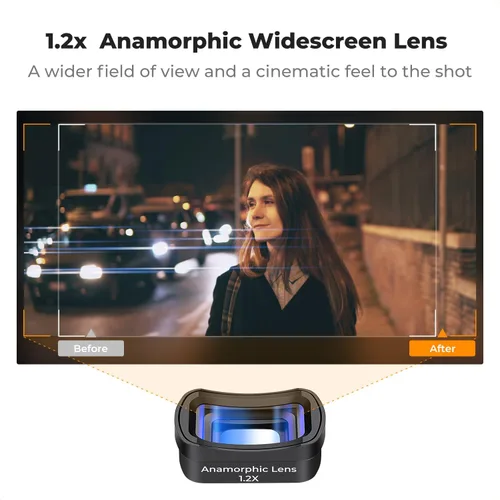 Vista 3 de K&F Concept 1.2X Lente anamórfica compatible con DJI Osmo Pocket 3, efecto Blue Streak de pantalla ancha, lente cinematográfica, acoplamiento