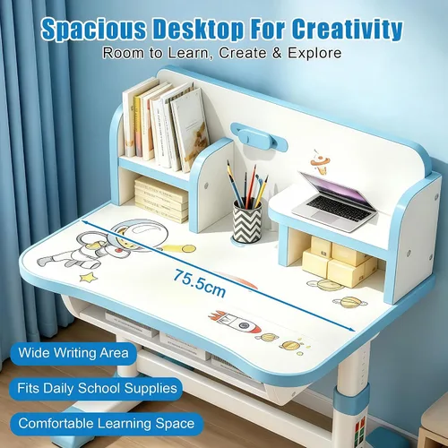 Vista 4 de HEVIRGO Kids Desk and Chair Set – Height Adjustable Blue Study Table Blue-b
