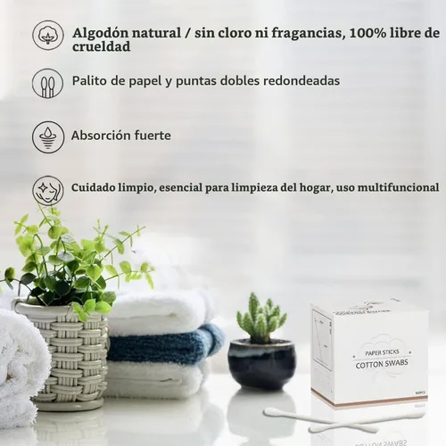 Vista 3 de Bastoncillos de algodón con varillas de papel 1000 unidades, hisopos dobles redondos para belleza y cuidado personal